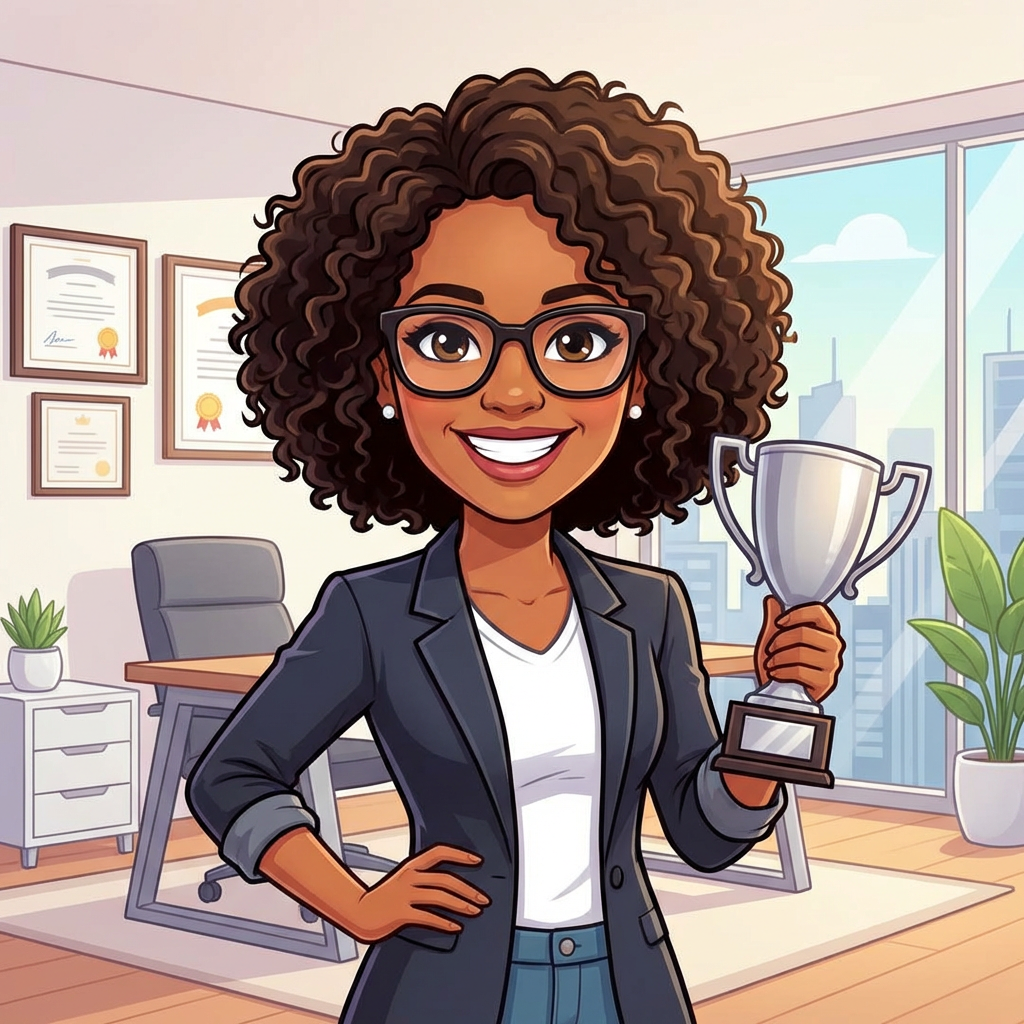 Illustration of a smiling professional woman holding a silver trophy in a modern office.